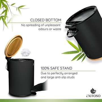 Exitoso Mini Trash Can with Lid - 3L / 0.8Gal - Small Trash Can with Lid for Bathroom - Black Bathroom Trash Can - Stainless Steel Bathroom Garbage Can with Lid - Black Trash Can Bathroom with Lid