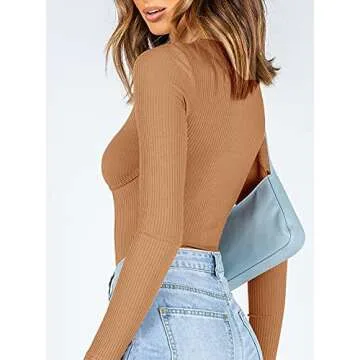 Women’s Fashion Crew Neck Long Sleeve Underbust Detailing Fitted T Shirts Knit Ribbed Bodysuits Leotards Tops Brown 2X-Large