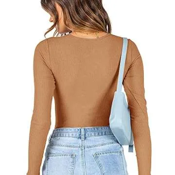 Women’s Fashion Crew Neck Long Sleeve Underbust Detailing Fitted T Shirts Knit Ribbed Bodysuits Leotards Tops Brown 2X-Large