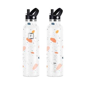 IRON °FLASK Camping & Hiking Hydration Canteens - 3 Lids (Narrow Straw Lid) Leak Proof Vacuum Insulated Stainless Steel - Hot & Cold Double Walled Sports Water Bottle - Terrazzo, 24 Oz