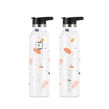 IRON °FLASK Camping & Hiking Hydration Canteens - 3 Lids (Narrow Straw Lid) Leak Proof Vacuum Insulated Stainless Steel - Hot & Cold Double Walled Sports Water Bottle - Terrazzo, 24 Oz