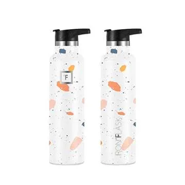 IRON °FLASK Camping & Hiking Hydration Canteens - 3 Lids (Narrow Straw Lid) Leak Proof Vacuum Insulated Stainless Steel - Hot & Cold Double Walled Sports Water Bottle - Terrazzo, 24 Oz