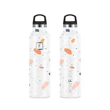 IRON °FLASK Camping & Hiking Hydration Canteens - 3 Lids (Narrow Straw Lid) Leak Proof Vacuum Insulated Stainless Steel - Hot & Cold Double Walled Sports Water Bottle - Terrazzo, 24 Oz