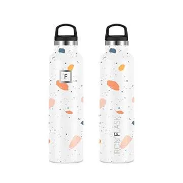 IRON °FLASK Camping & Hiking Hydration Canteens - 3 Lids (Narrow Straw Lid) Leak Proof Vacuum Insulated Stainless Steel - Hot & Cold Double Walled Sports Water Bottle - Terrazzo, 24 Oz