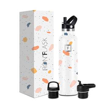 IRON °FLASK Camping & Hiking Hydration Canteens - 3 Lids (Narrow Straw Lid) Leak Proof Vacuum Insulated Stainless Steel - Hot & Cold Double Walled Sports Water Bottle - Terrazzo, 24 Oz