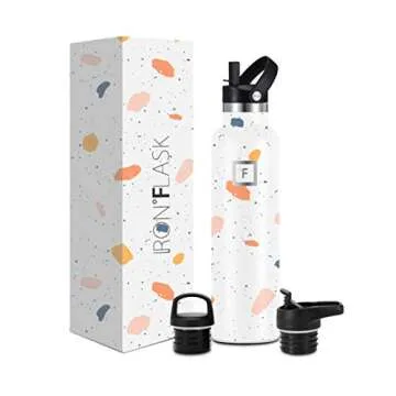 IRON °FLASK Camping & Hiking Hydration Canteens - 3 Lids (Narrow Straw Lid) Leak Proof Vacuum Insulated Stainless Steel - Hot & Cold Double Walled Sports Water Bottle - Terrazzo, 24 Oz