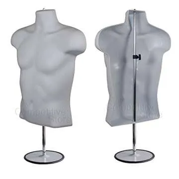 Mannequin Torso Set, Male + Female Dress Form Hollow Back Body Tshirt Display, w/Metal Stand for Counter Top by EZ-Mannequins for Craft Shows, Photos or Design, Easy to Assemble and Store, S-M Sizes
