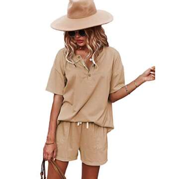 CORSKI Women’s Short Sleeve Solid Color Pullover With Shorts Tracksuit Jogging Suit Casual Loungewear 2 Piece Outfits Khaki L