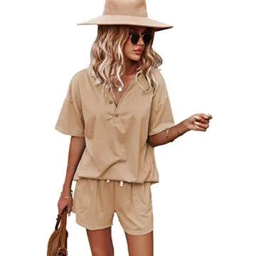 CORSKI Women’s Short Sleeve Solid Color Pullover With Shorts Tracksuit Jogging Suit Casual Loungewear 2 Piece Outfits Khaki L