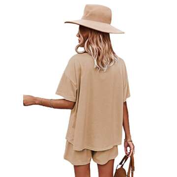 CORSKI Women’s Short Sleeve Solid Color Pullover With Shorts Tracksuit Jogging Suit Casual Loungewear 2 Piece Outfits Khaki L