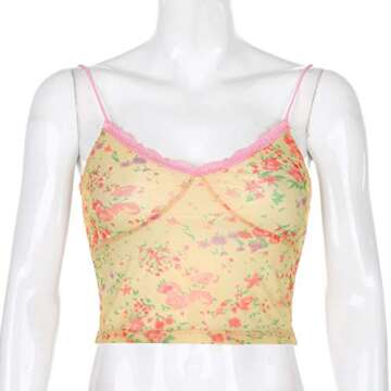 Meladyan Women’s Lace Patchwork V Neck Camisole Ribbed Spaghetti Strap Crop Cami Tank Tops Yellow