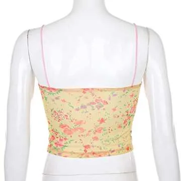 Meladyan Women’s Lace Patchwork V Neck Camisole Ribbed Spaghetti Strap Crop Cami Tank Tops Yellow