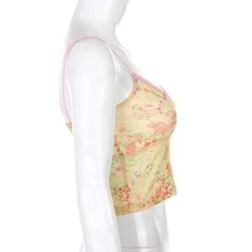 Meladyan Women’s Lace Patchwork V Neck Camisole Ribbed Spaghetti Strap Crop Cami Tank Tops Yellow