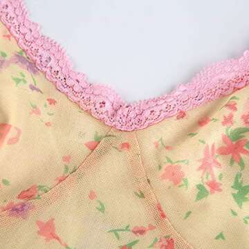 Meladyan Women’s Lace Patchwork V Neck Camisole Ribbed Spaghetti Strap Crop Cami Tank Tops Yellow