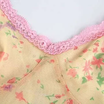 Meladyan Women’s Lace Patchwork V Neck Camisole Ribbed Spaghetti Strap Crop Cami Tank Tops Yellow