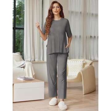 Ekouaer Lounge Sets for Women Short Sleeve Tops and Long Pants Soft Comfy Pajamas Set 2 Piece Outfits,Dark Gray,M