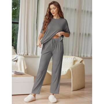 Ekouaer Lounge Sets for Women Short Sleeve Tops and Long Pants Soft Comfy Pajamas Set 2 Piece Outfits,Dark Gray,M