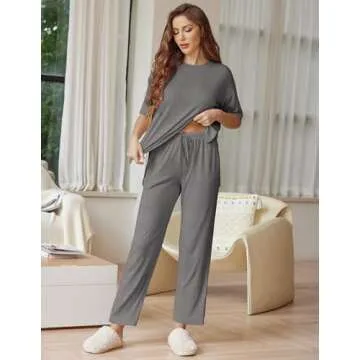 Ekouaer Lounge Sets for Women Short Sleeve Tops and Long Pants Soft Comfy Pajamas Set 2 Piece Outfits,Dark Gray,M