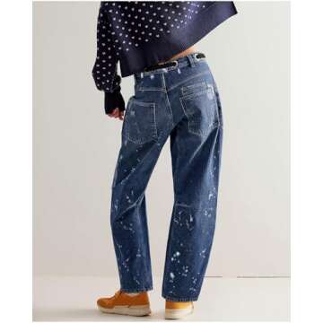 LifeShe Women's Baggy Barrel Jeans Casual Boyfriend Mid Rise Drawstring Wide Leg Denim Pants Dark Bl...