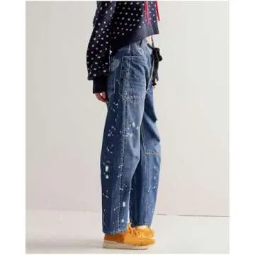 LifeShe Women's Baggy Barrel Jeans Casual Boyfriend Mid Rise Drawstring Wide Leg Denim Pants Dark Blue