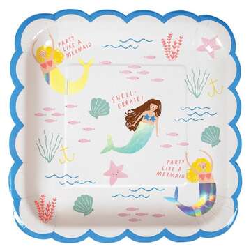 Meri Meri Let's Be Mermaids Party Collection Plates and Napkins Party Pack (Mermaid Large Plate/Shell Small Napkin)