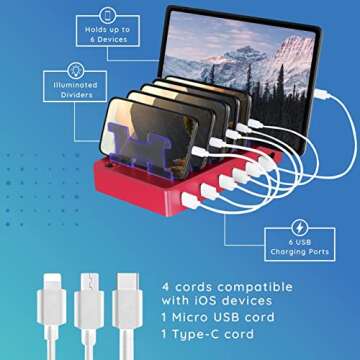 Hercules Tuff Charging Station for Multiple Devices - 6 Ports - (4) iOS Compatible, (1) USB-C & (1) Micro USB Cable for Cell Phones, Smart Phones, Tablets, and Electronics - Holiday Gifts, Pink