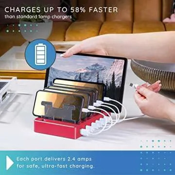 Hercules Tuff Charging Station for Multiple Devices - 6 Ports - (4) iOS Compatible, (1) USB-C & (1) Micro USB Cable for Cell Phones, Smart Phones, Tablets, and Electronics - Holiday Gifts, Pink