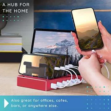 Hercules Tuff Charging Station for Multiple Devices - 6 Ports - (4) iOS Compatible, (1) USB-C & (1) Micro USB Cable for Cell Phones, Smart Phones, Tablets, and Electronics - Holiday Gifts, Pink