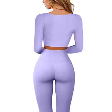 QINSEN Women's Workout Outfit 2 Pieces Ribbed Seamless Yoga Leggings Long Sleeve Sport Shirt Gym Clothes Set Purple S