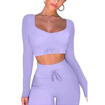 QINSEN Women's Workout Outfit 2 Pieces Ribbed Seamless Yoga Leggings Long Sleeve Sport Shirt Gym Clothes Set Purple S