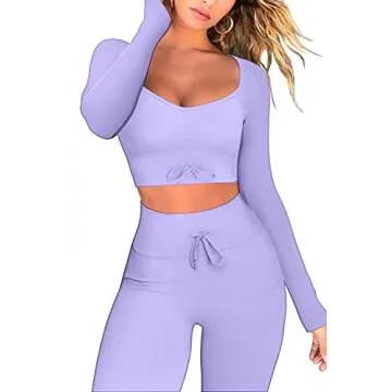 QINSEN Women's Workout Outfit 2 Pieces Ribbed Seamless Yoga Leggings Long Sleeve Sport Shirt Gym Clothes Set Purple S