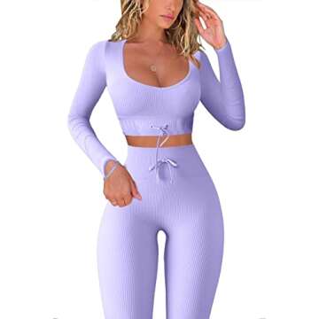 QINSEN Women's Workout Outfit 2 Pieces Ribbed Seamless Yoga Leggings Long Sleeve Sport Shirt Gym Clothes Set Purple S