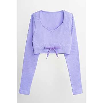 QINSEN Women's Workout Outfit 2 Pieces Ribbed Seamless Yoga Leggings Long Sleeve Sport Shirt Gym Clothes Set Purple S