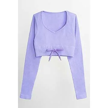 QINSEN Women's Workout Outfit 2 Pieces Ribbed Seamless Yoga Leggings Long Sleeve Sport Shirt Gym Clothes Set Purple S