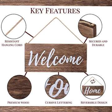 ALBEN Wooden Hanging Welcome Sign – Reversible Message 12" x 6" Rectangular Farmhouse Outdoor/Indoor Décor – Rustic Sign for Porch or Front Door Natural Wood Grain (Brown)