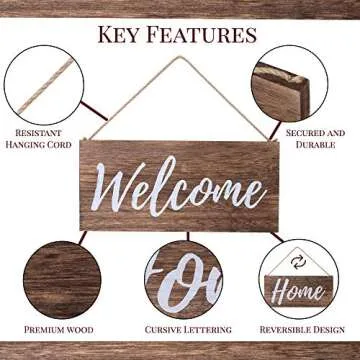 ALBEN Wooden Hanging Welcome Sign – Reversible Message 12" x 6" Rectangular Farmhouse Outdoor/Indoor Décor – Rustic Sign for Porch or Front Door Natural Wood Grain (Brown)
