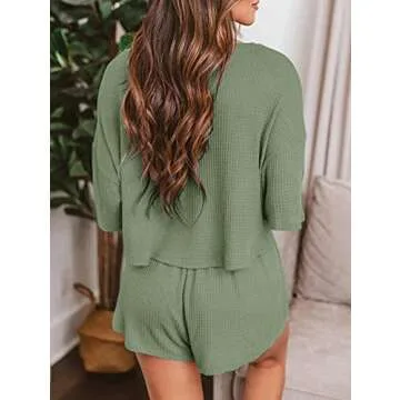 Ezbelle Women's V Neck Waffle Knit Pajamas Set Short Sleeve Crop Tops with Shorts 2 Piece Outfit Lounge Set Green Small