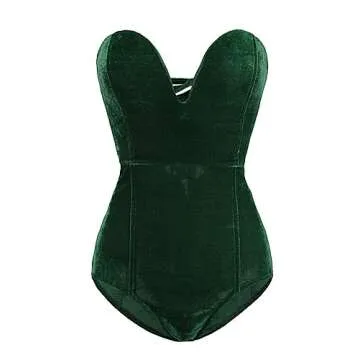 Sorrica Women’s Sexy Velvet Sweetheart Neck Bodysuit - Chic Comfort in Green