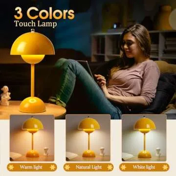 Flowerpot Lamp, Cordless Mushroom Table Lamp,3 Color Stepless Dimmable Touch Lamp, Rechargeable Battery Operated Portable LED Lamp, Small Lamp for Bedside, Night Light for Indoor Outdoor (Yellow)