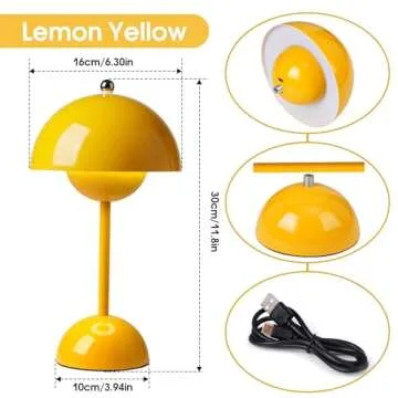 Flowerpot Lamp, Cordless Mushroom Table Lamp,3 Color Stepless Dimmable Touch Lamp, Rechargeable Battery Operated Portable LED Lamp, Small Lamp for Bedside, Night Light for Indoor Outdoor (Yellow)