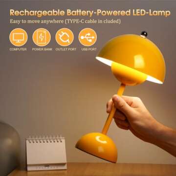 Flowerpot Lamp, Cordless Mushroom Table Lamp,3 Color Stepless Dimmable Touch Lamp, Rechargeable Battery Operated Portable LED Lamp, Small Lamp for Bedside, Night Light for Indoor Outdoor (Yellow)
