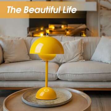 Flowerpot Lamp, Cordless Mushroom Table Lamp,3 Color Stepless Dimmable Touch Lamp, Rechargeable Battery Operated Portable LED Lamp, Small Lamp for Bedside, Night Light for Indoor Outdoor (Yellow)