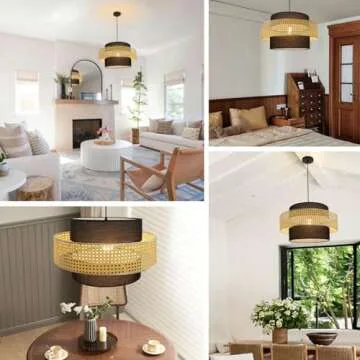 Auwieou Boho Pendant Light, Rattan Light Fixture Woven Basket Shade Wicker Pendant Light Rattan Chandelier for Kitchen Living Room Dining Room Bedroom