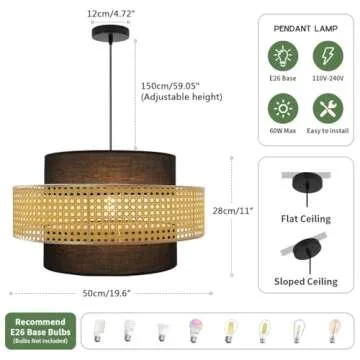 Auwieou Boho Pendant Light, Rattan Light Fixture Woven Basket Shade Wicker Pendant Light Rattan Chandelier for Kitchen Living Room Dining Room Bedroom