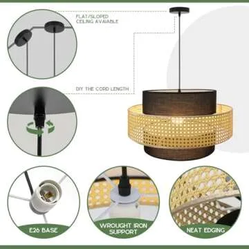 Auwieou Boho Pendant Light, Rattan Light Fixture Woven Basket Shade Wicker Pendant Light Rattan Chandelier for Kitchen Living Room Dining Room Bedroom