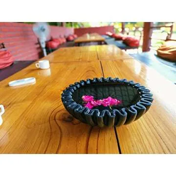 CRAFTFOBIA Handcrafted Marble Bowl | Wedding Gift | Antique Scallop Bowl | Fruit Bowl | Vintage Ring Dish | Ruffle Bowl | Decorative Bowl | Flower Bowl | Urli Bowl (Black) (6 inches)