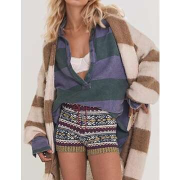 MISSACTIVER Women Color Block Striped Oversized Sweatshirt Button Henley Neck Pullover High Low Curved Hem Tunic Tops Blue Green