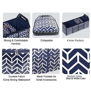 Trunk Organizer for car, Foldable Car Storage Bag Portable Insulation Cooler Bag Collapsible Vehicle Organizer Divider Storage Totes with 4 Compartment Cargo Tote for Groceries Caddy SUV, Navy Blue