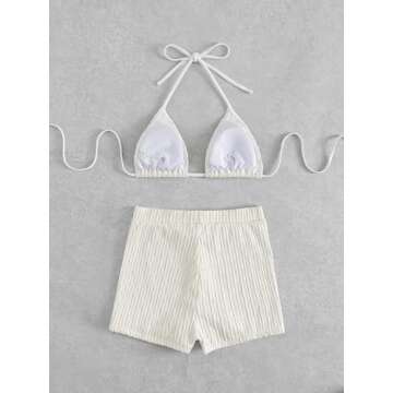 SOLY HUX Women's 2 Piece Swimsuits Halter Triangle Top with Shorts Bikini Set Bathing Suits Beige S