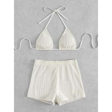 SOLY HUX Women's 2 Piece Swimsuits Halter Triangle Top with Shorts Bikini Set Bathing Suits Beige S